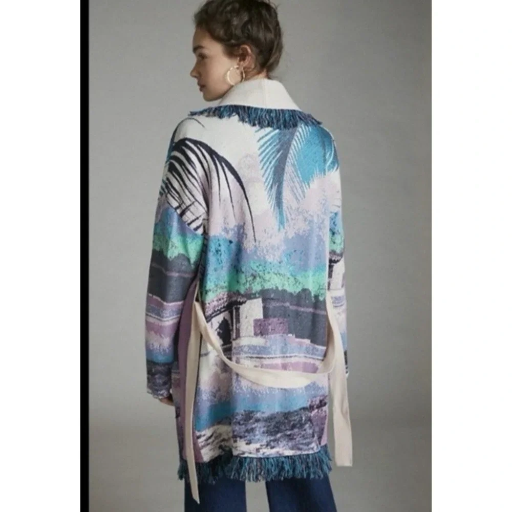 Anthropologie Aldo Martins Tropical Boho Fringed Cardigan with Pockets No Belt - Picture 2 of 10